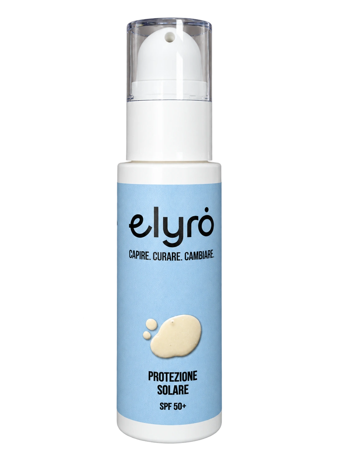 Protezione solare SPF 50+: prodotto elyrȯ con la sua confezione dove presente