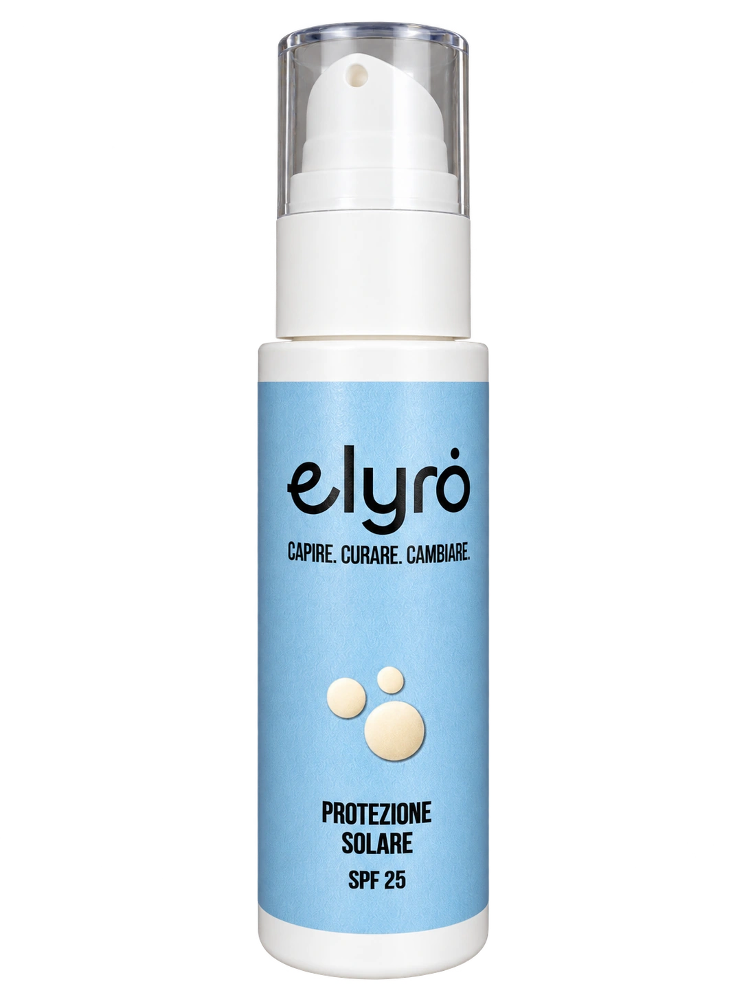 Protezione solare SPF 25: prodotto elyrȯ con la sua confezione dove presente