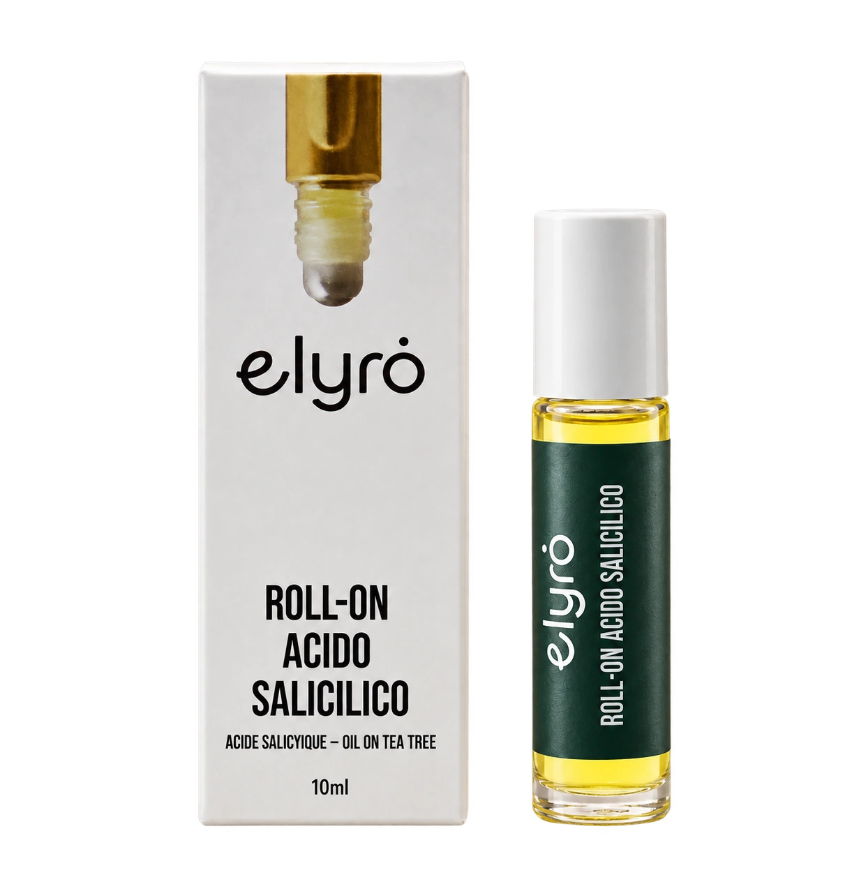 Roll-on acido salicilico: prodotto elyrȯ con la sua confezione dove presente