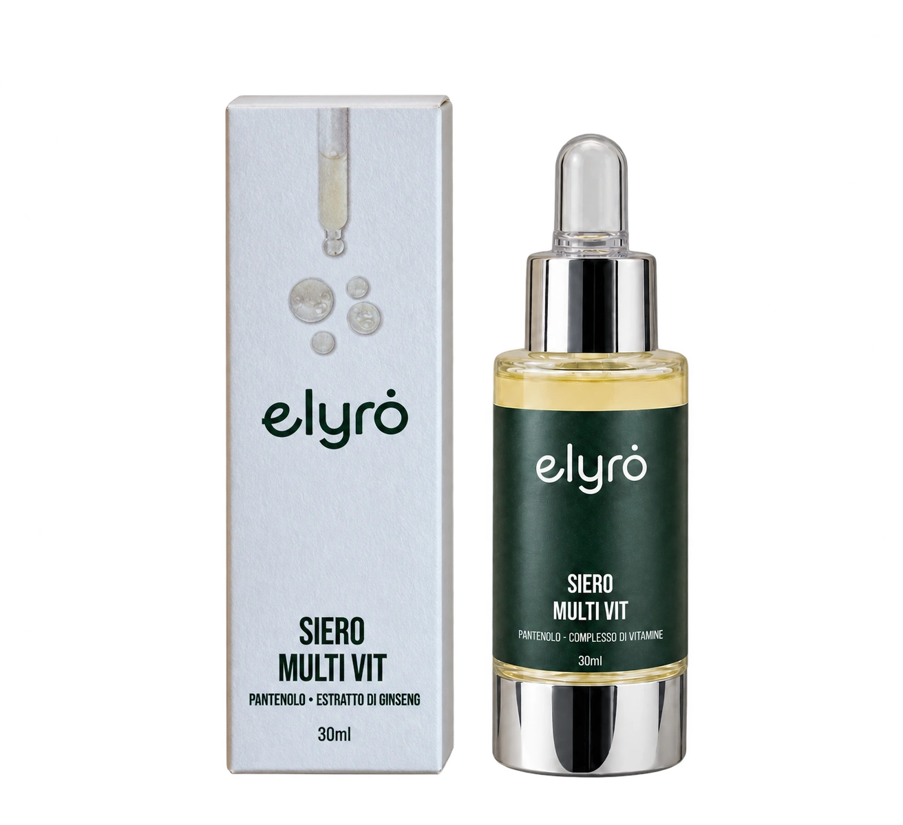 Siero multivitaminico: prodotto elyrȯ con la sua confezione dove presente